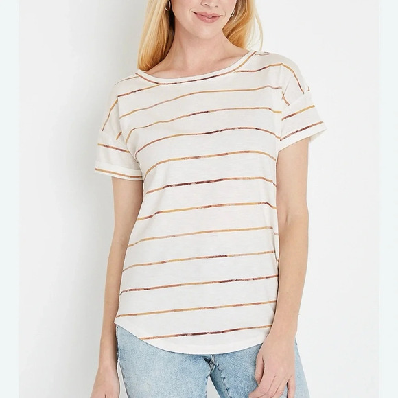Maurices 24/7 Forever White & Pink Striped Drop Shoulder Tee Medium Women’s - Picture 12 of 12